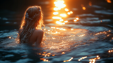 Woman with long hair bathing in ocean during golden sunset, creating magical atmosphere with sparkling water reflections