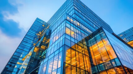 A high-rise office building illuminated at night, showcasing its modern architecture.