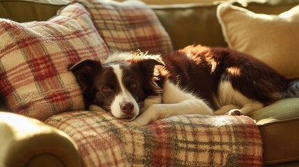 Border collie resting on a couch, embodying calm and comfort in a serene moment.