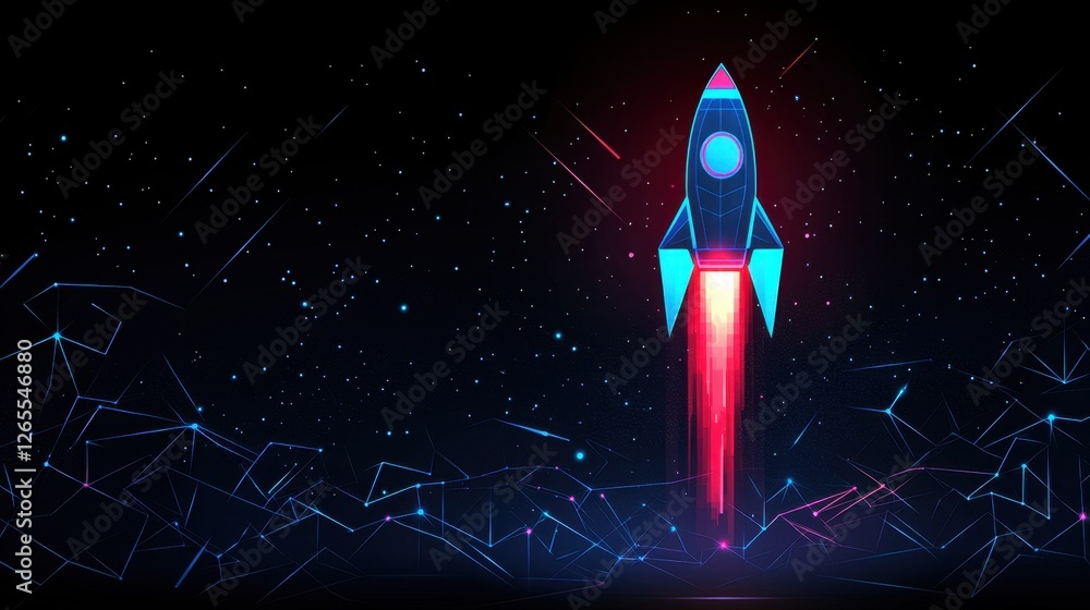 Poster futuristic rocket launching into space with vivid colors and digital patterns representing technolog