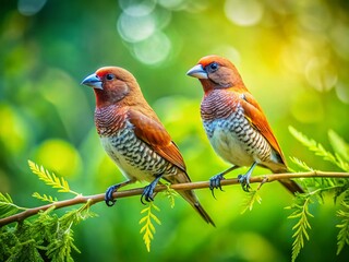 Fototapeta premium Adorable Young Scaly-Breasted Munia Birds Perched on a Tree Branch in a Lush Park