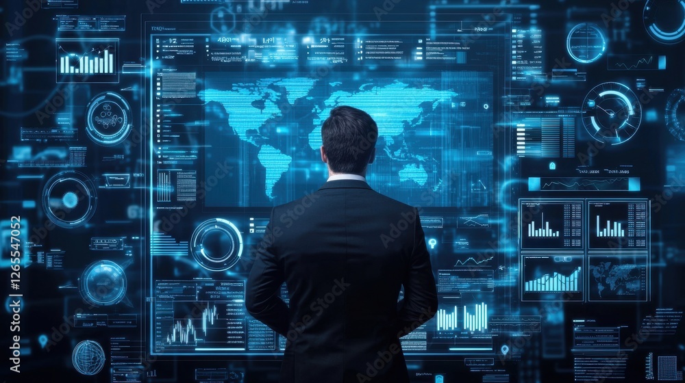 Aufkleber business professional analyzing global data on digital screen in modern office environment with futu