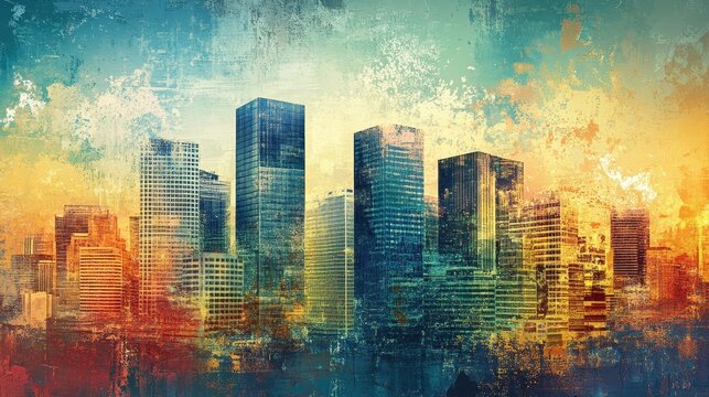 Abstract cityscape artwork featuring skyscrapers with textured and colorful effects
