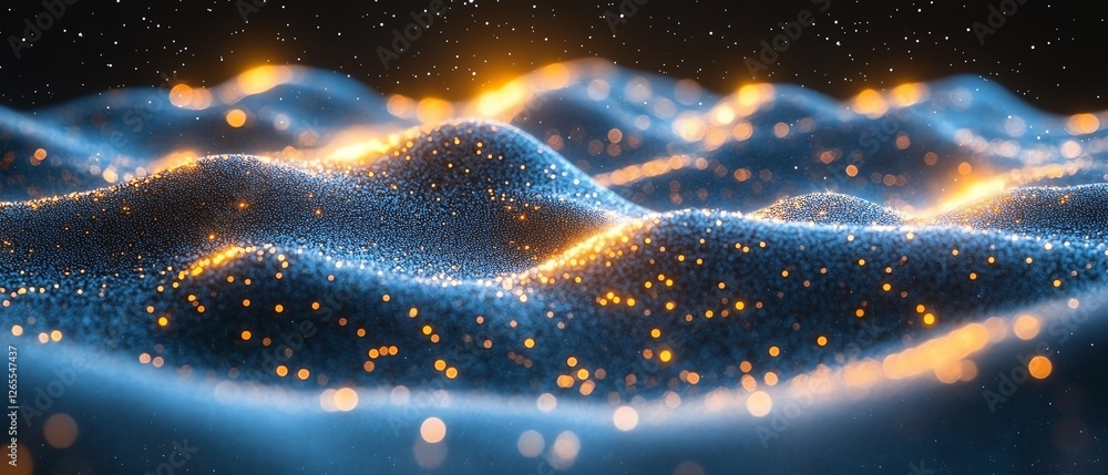 Poster abstract blue gold particle wave background design 3d dark shiny bokeh