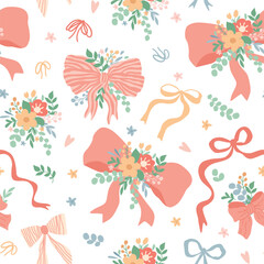 Pink floral bow seamless pattern. Summer coquette print with cute hand drawn bouquets. flowers, leaves, bow knots, ribbons. Gentle background for wedding decoration, fabric, wallpaper, textile design.