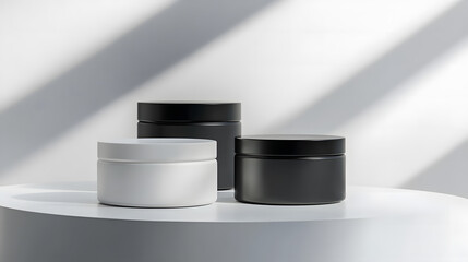 Set of black and white cosmetic jars displayed elegantly on a minimalistic background.