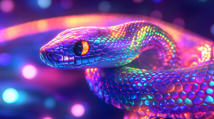 A neon blue snake with glowing pink scales
