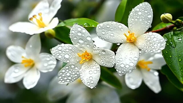 Neroli flowers covered in tiny morning dewdrops, the close-up emphasizing their fragility and purity against a soft bokeh background.