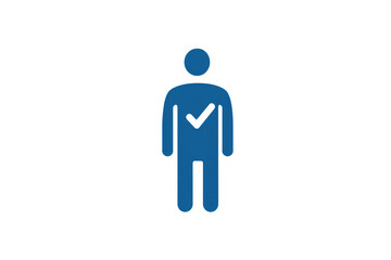 Minimalist blue human figure icon with a white checkmark on the chest, symbolizing approval, verification, or certification, isolated on a white background.