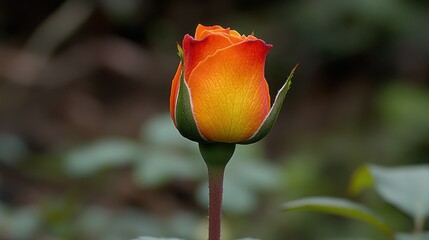 Orange rosebud blooming, garden background, nature photography, greeting card