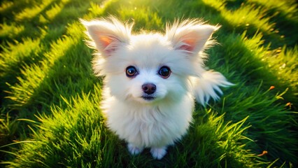 Aerial Drone Shot: Adorable White Fluffy Animal with Big Eyes in Lush Green Meadow
