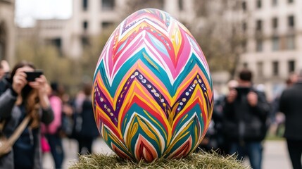 A colorful, intricately decorated Easter egg stands on display, surrounded by onlookers capturing the moment with their cameras.