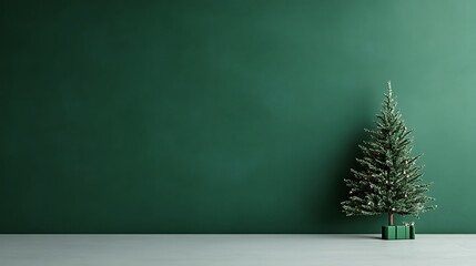 Miniature Christmas Tree Against a Deep Green Wall: A 3D Render AI Generated