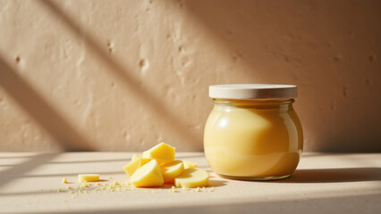 A jar of yellow-colored substance with its lid off, sitting on a table with pieces of butter or wax floating around it.
