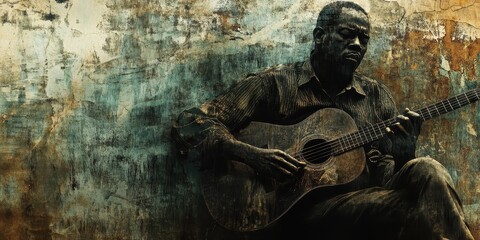 African american man plays acoustic guitar with textured background
