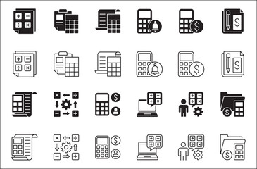 Business accounting icon set. Finance and calculation icons. Icons set contains symbol of accountant, salary, tax, billing, calculator, report, audit, balance, income, earnings, analysis, budget.