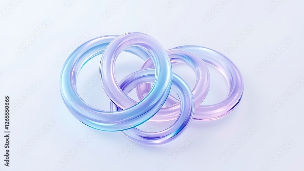 Poster glass chain of iridescent links 3d render. border with connected crystal rings. abstract holographic