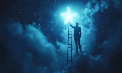 Businessman standing on a ladder reaching for a glowing star, symbolizing ambition and aspiration. Success concept