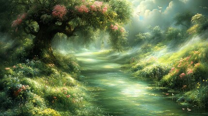 Obraz premium landscape depicts a serene river flowing through lush greenery under a large flowering tree.