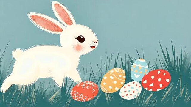 White rabbit hops around colorful Easter eggs in a grassy field during springtime