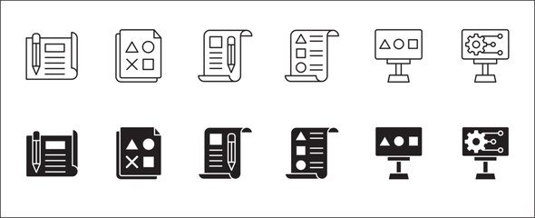 Business plan strategy icon set. Icon set contains symbol of event, finance, calculation, agenda, solution, list, goal, paper work, setting, management. Vector thin line icons.