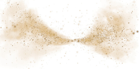Fantastic golden smoke background. Magic golden smoke with glitter and small particles of twinkling stars. Fog with luminous particles. Yellow vapor with stardust. Morning fog over land or water. PNG
