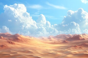 Naklejka premium Vast desert landscape under a bright blue sky with fluffy clouds and distant mountains