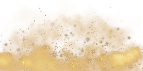Fantastic golden smoke background. Magic golden smoke with glitter and small particles of twinkling stars. Fog with luminous particles. Yellow vapor with stardust. Morning fog over land or water. PNG
