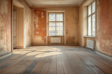 Elegant generative ai depiction of a bright, empty room with ornate classical architecture and large windows letting in sunlight