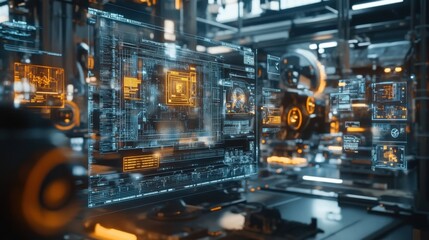 High tech filmmaking environment featuring digital interfaces and screens. The setup showcases futuristic technology used in modern film production and editing processes