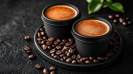 A product shot showcasing two cups of coffee on a bed of beans.