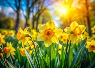 Fototapeta premium Aerial Drone View of Vibrant Yellow Daffodils Blooming in Lush Spring Garden