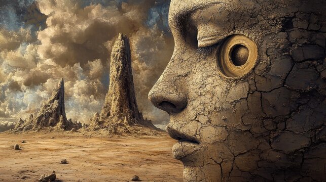 Cracked stone face looks out over barren desert landscape