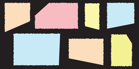 Torn paper pieces set. Black rectangle frames with jagged edges. Ripped rectangular shape silhouettes collection. Textured grunge element bundle for collage, text box, banner,&nbsp;sticker . 1176