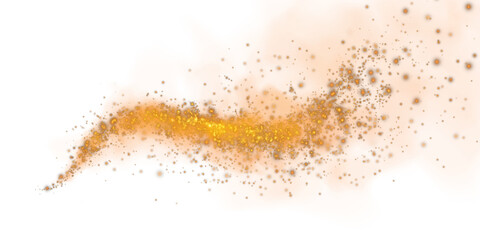 Fantastic orange smoke background. Magic orange smoke with glitter and small particles of twinkling stars. Fog with luminous particles. Orange vapor with stardust. Morning fog over land or water. PNG.