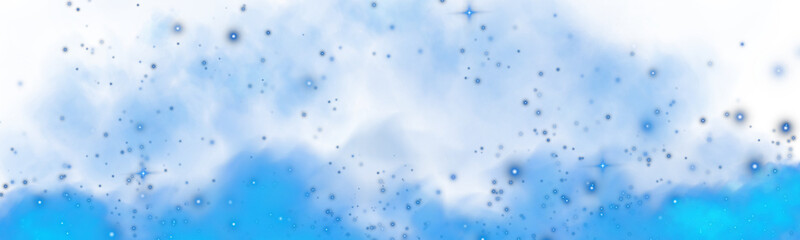 Fantastic blue smoke background. Magic blue smoke with glitter and small particles of twinkling stars. Fog with luminous particles. Blue vapor with stardust. Morning fog over land or water. PNG.