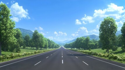 Fototapeta premium Asphalt Road Through Lush Green Trees on a Sunny Summer Day