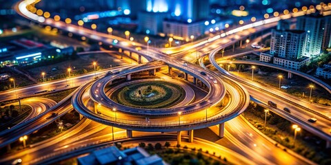 Aerial Night View of City Roundabout Interchange, Expressway Infrastructure, Tilt-Shift Photography