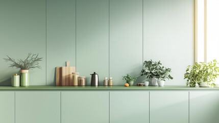 Green kitchen countertop with various utensils and plants against a paneled wall