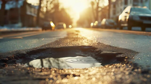 Water droplet splashing into pothole on cracked asphalt, sunset blurring vehicle and tree silhouettes beyond impact point