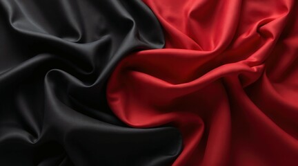 Rich and sophisticated fabric contrast, deep black and vibrant red textile draped in elegant waves, abstract fashion photography, luxury and elegance in soft flowing material folds