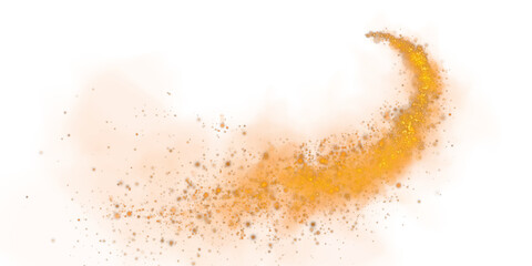 Fantastic orange smoke background. Magic orange smoke with glitter and small particles of twinkling stars. Fog with luminous particles. Orange vapor with stardust. Morning fog over land or water. PNG.
