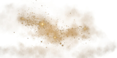 Fantastic golden smoke background. Magic golden smoke with glitter and small particles of twinkling stars. Fog with luminous particles. Yellow vapor with stardust. Morning fog over land or water. PNG
