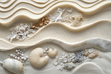Seashells and coral are resting upon simulated sandy waves