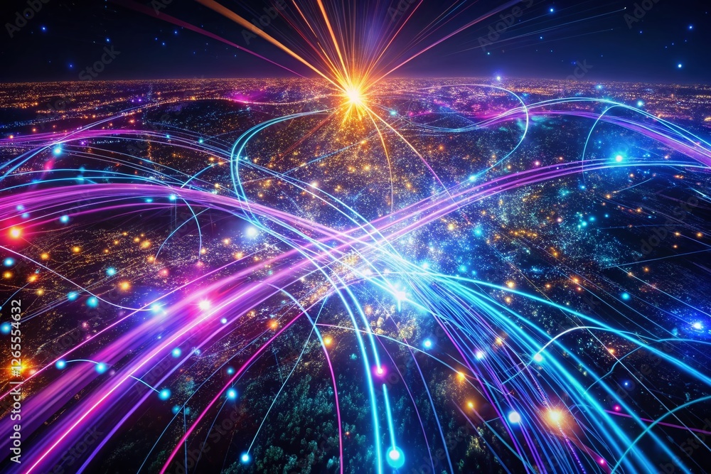 Poster aerial view abstract digital data flow network, futuristic technology, cyberspace connections, globa