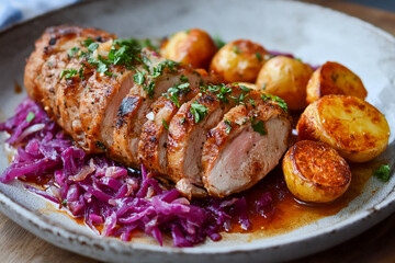 delicious beef roast with potatoes and red cabbage on a plate