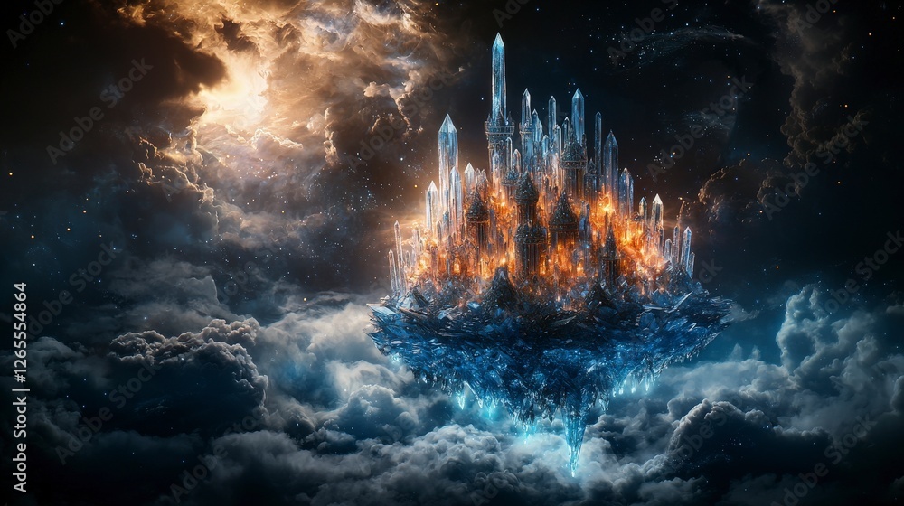 Poster surreal viewpoint of a floating crystal castle in a magical ethereal cloudscape