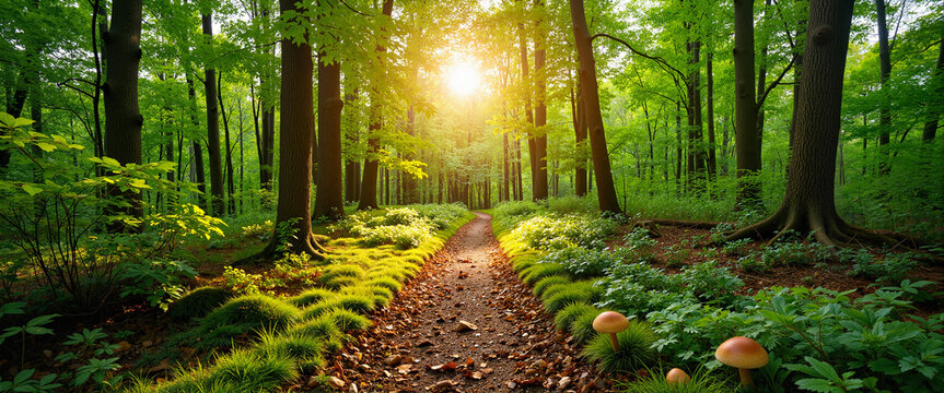 Lush forest path illuminated by sunlight after rain, nature tranquility