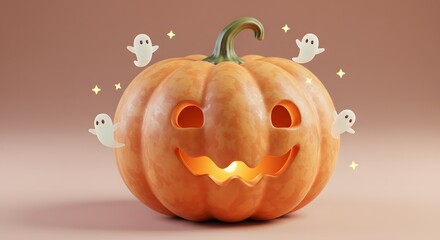 Cute Halloween Pumpkin with Glowing Smile and Ghost Decoration