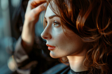 Fototapeta premium A woman sits in a salon chair while a stylist cuts her hair, generative ai